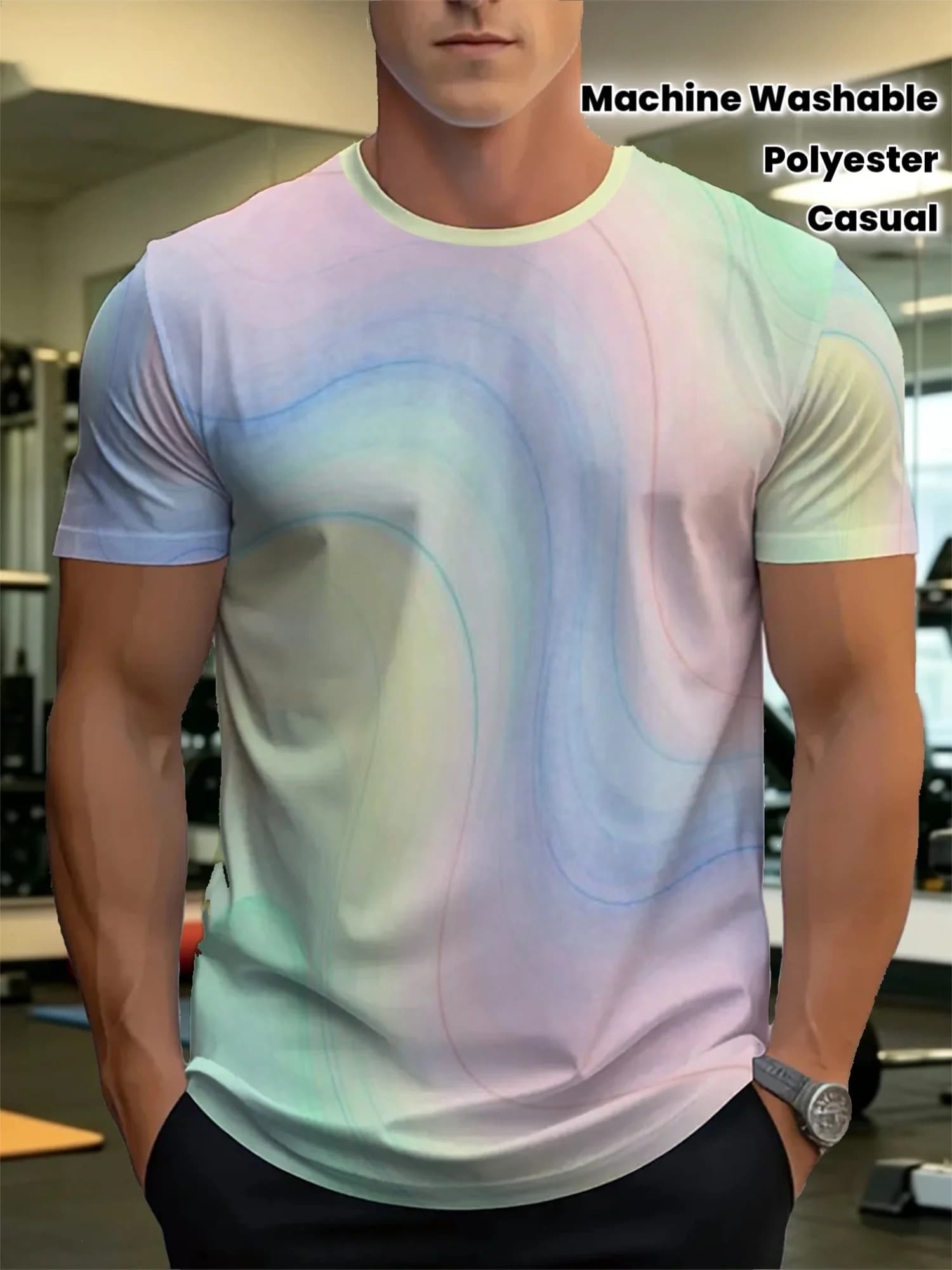 Men Gradient Rainbow Wave Print T-shirt O-neck Short Sleeve Polyester Casual Daily Workout Tops