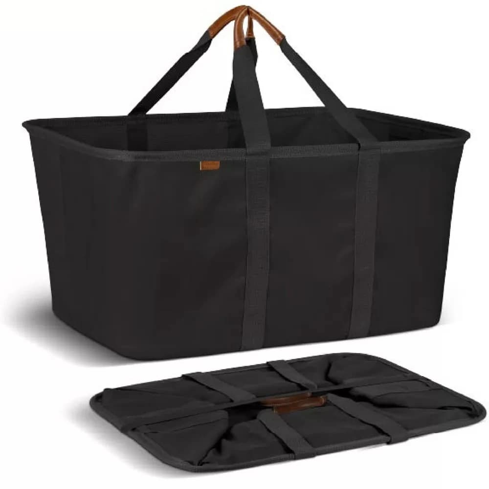 Cesto portabiancheria pieghevole da 50 litri con manici in pelle, borsa tote pieghevole da viaggio grande con fondo rigido per la spiaggia, generi alimentari