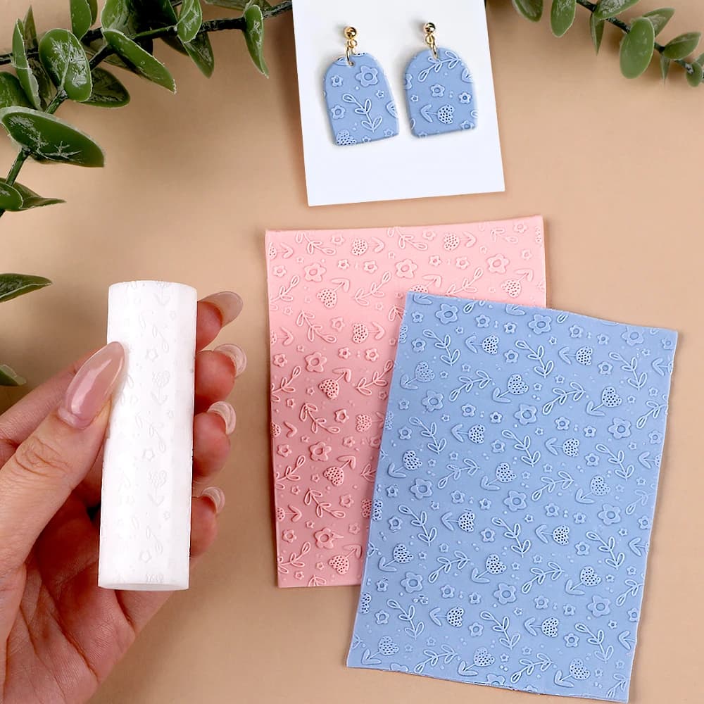 Rullo per texture in argilla polimerica con motivi di foglie e fiori, strumento in plastica per la creazione di gioielli fai da te, orecchini e progetti artistici