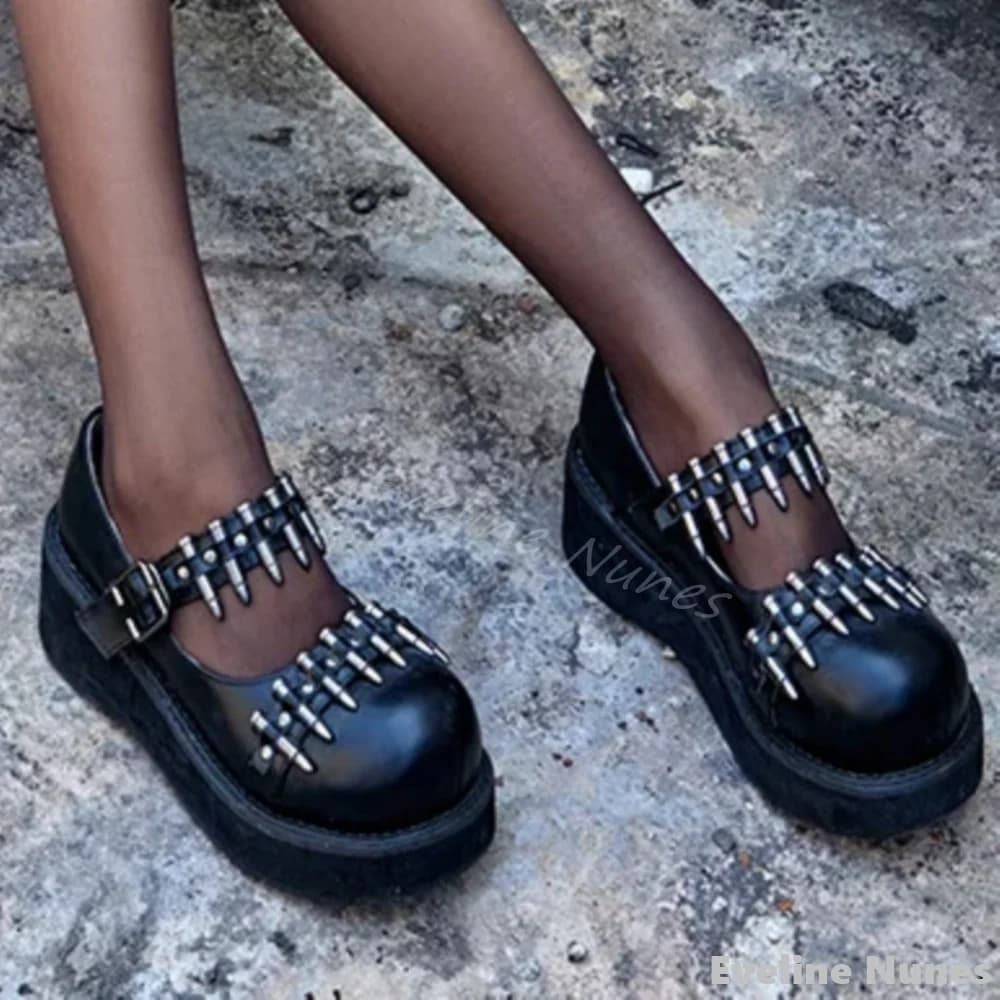 Punk Moccassini with bullet studs Women's Platform with big tip Buckle for short deep belt Lolita shoes in black leather 2025 New cool girl shoe
