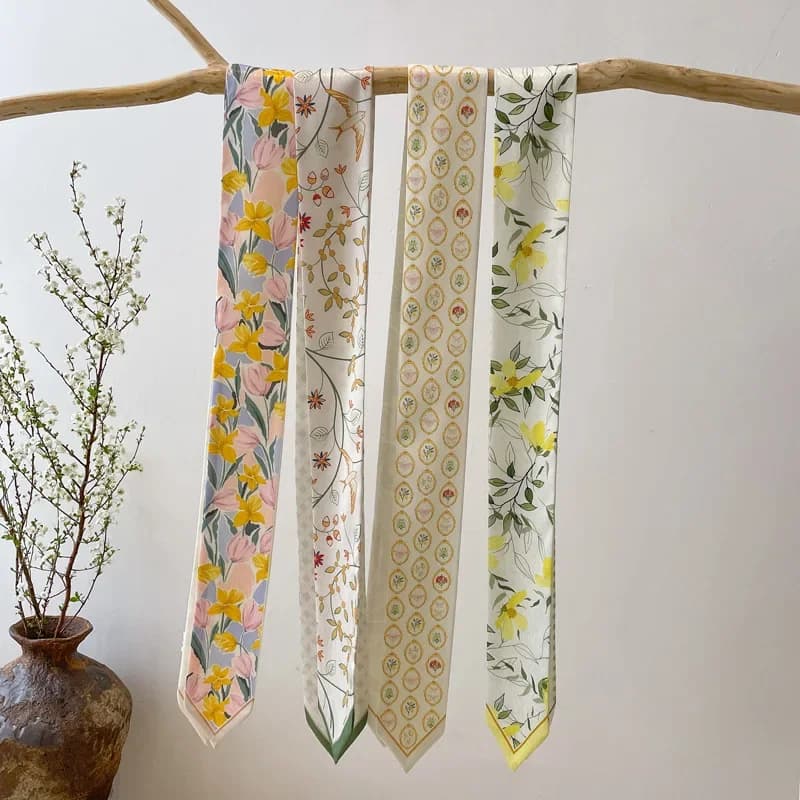 Fascia per capelli lunghi con sciarpa stretta per donna, foulard alla moda, graziosa cravatta, scialle stampato setoso e lussuoso per signore