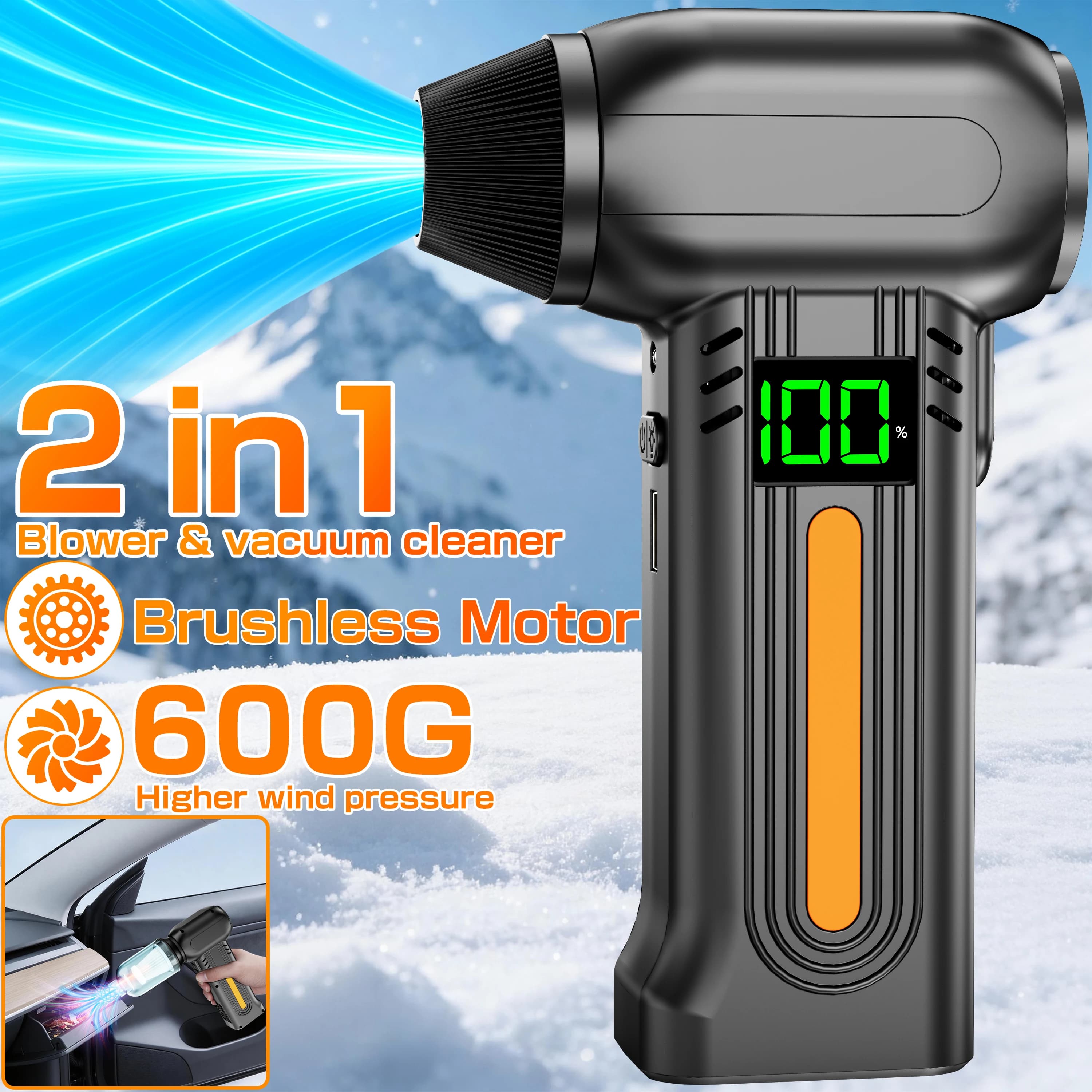Ventilatore Turbo Jet da 90000 RPM, Soffiatore Elettrico a 5 Velocità, Aspirapolvere per Auto con Luce LED, Ventilatore Portatile Senza Fili Potente per Neve