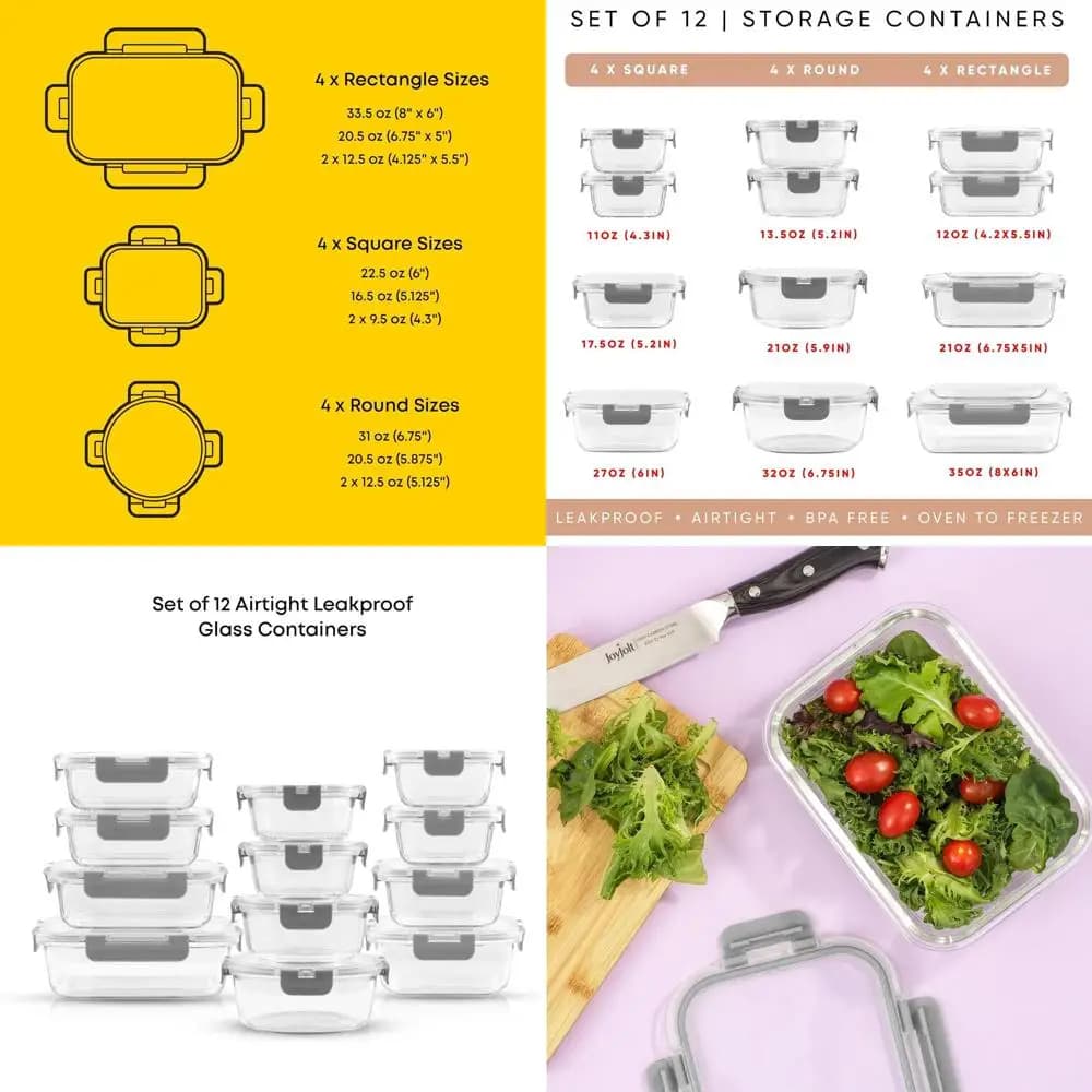 Set di 24 contenitori in vetro borosilicato con coperchi: conservazione degli alimenti sicura e ermetica per il congelatore per la cucina e la preparazione dei pasti