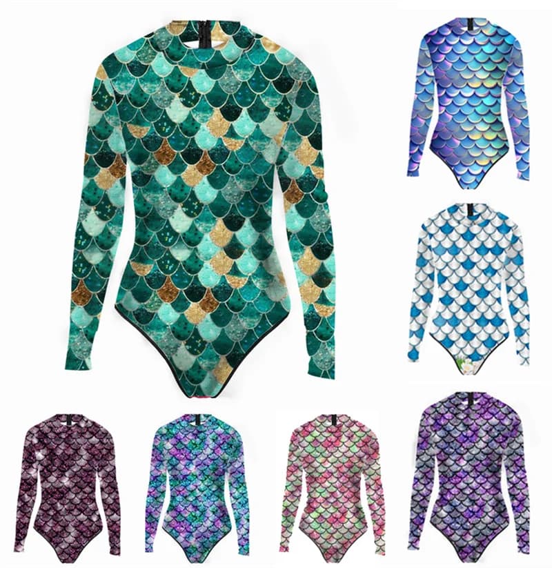 Costume da bagno multicolore da donna a maniche lunghe con cerniera Costume da bagno intero con stampa 3D a squame di pesce Costume da bagno a sirena da donna Abbigliamento da spiaggia
