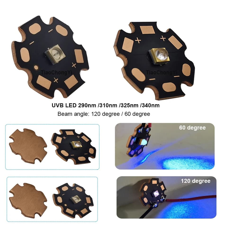Perline LED UVB 310nm 290nm 340nm 325nm UV 0,1W 1W 2W DC5-7V Lampada ultravioletta diodo emettitore di luce con substrato in rame da 20 mm