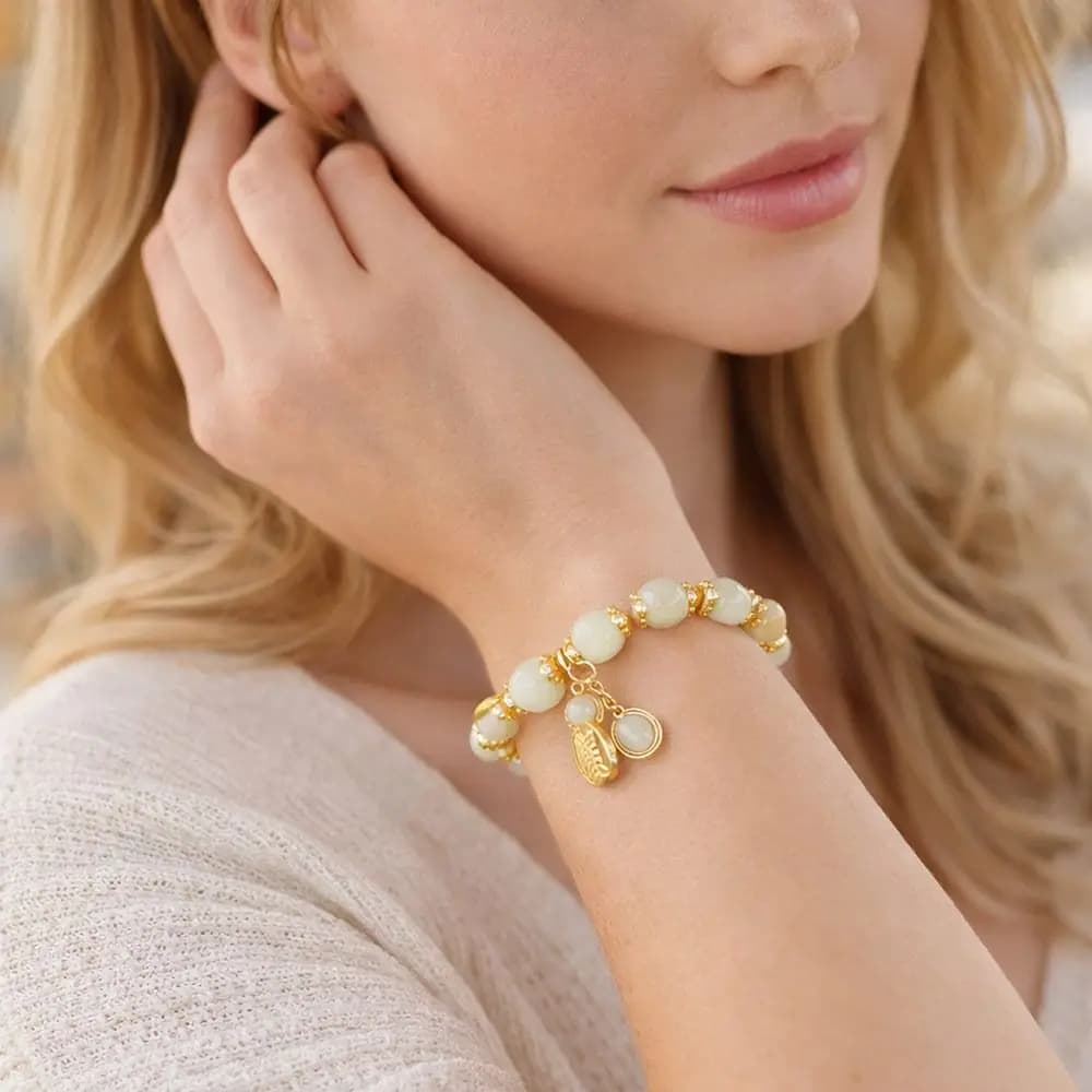 Braccialetto alla Moda con Perle di Arachidi Naturali, Braccialetto con Perle di Giada Imitazione e Cavallo, Braccialetto Elastico Portafortuna, Accessori Gioielli