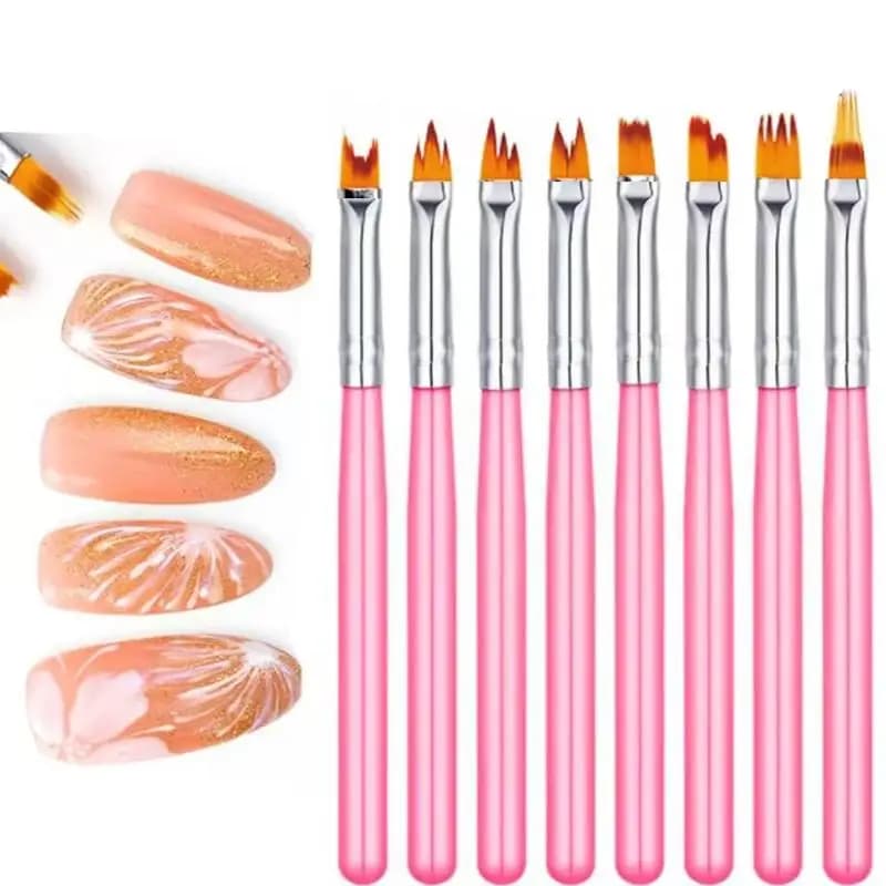 8Pcs Set Oblique Gradient Smudge Nail Flower Drawing Sawtooth Pen Multifunctional Mix Shape Petal Painting Gel Nail Art Brush