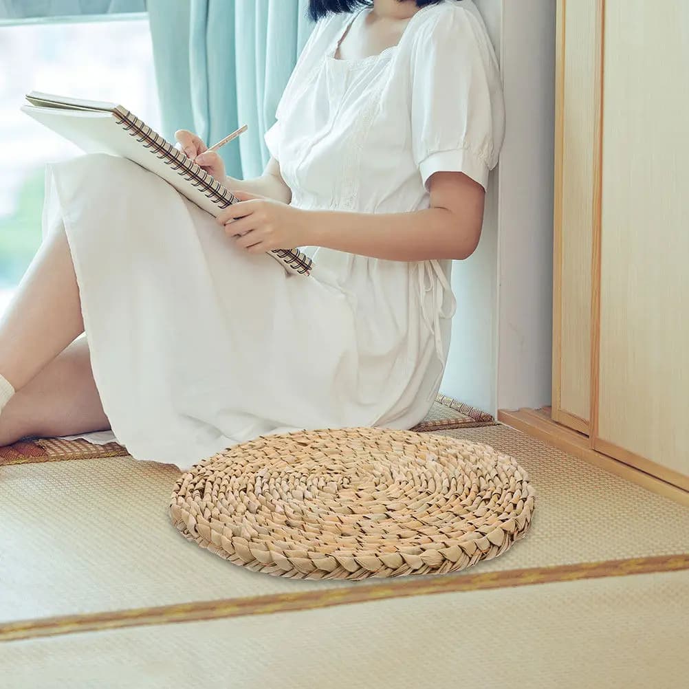 Chinese Japanese Inspired Round Woven Straw Cushion Seat Pad for Patio Chairs Outdoor Furniture Floor Yoga Meditation Tatami