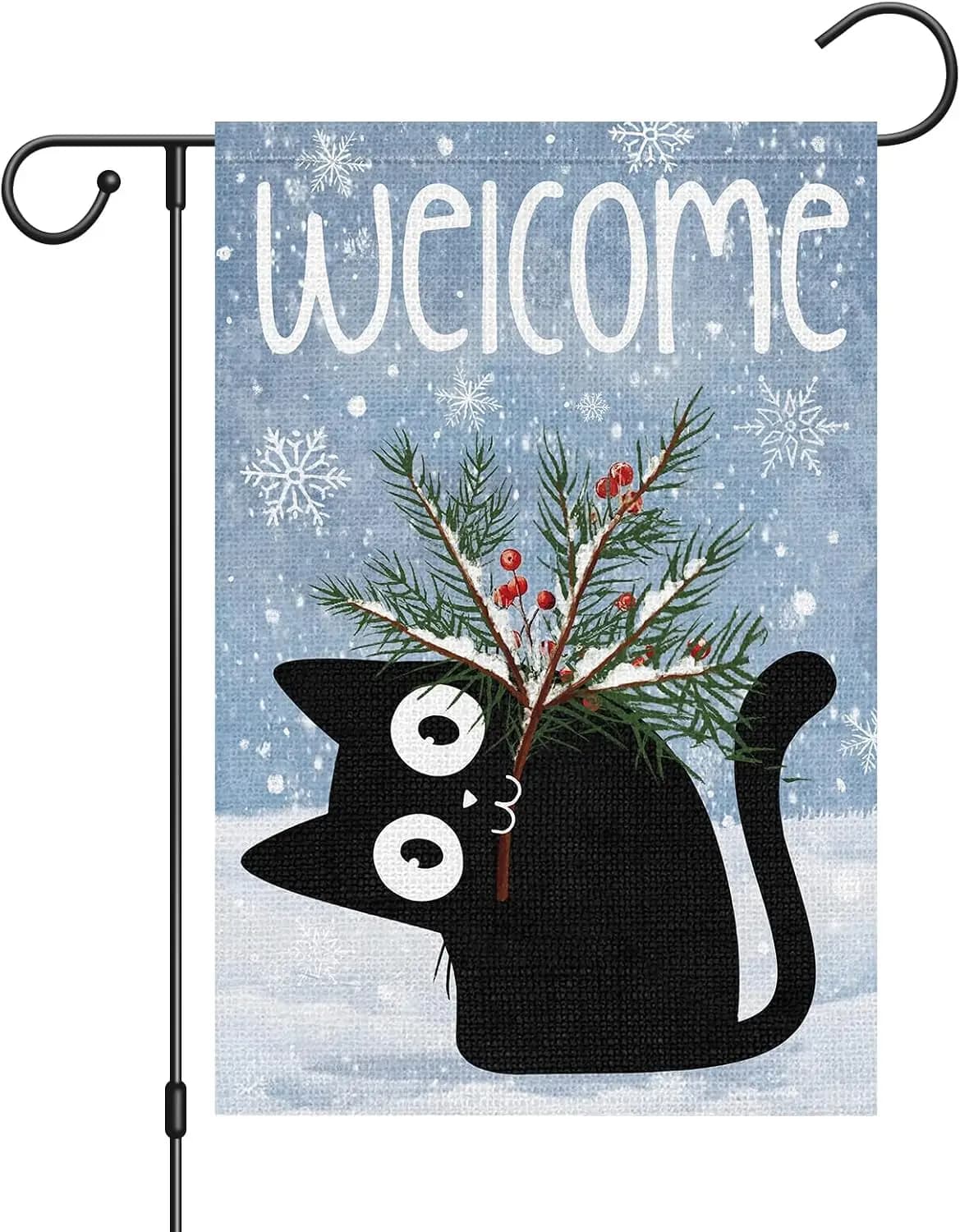 Winter Welcome Garden Flag 12 x 18 Inch Double Sided for Outside, Black Cat Pine Tree Branches Snowflake Christmas Winter Ho uui