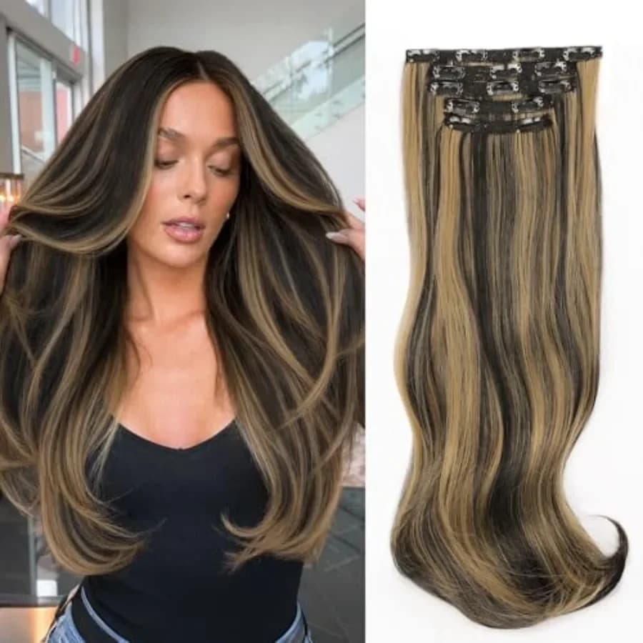 Clip in Hair Extensions - Thick Long Straight Layered Hair Extensions, Black Mix Blonde, 20 Inch Soft Lace Weft