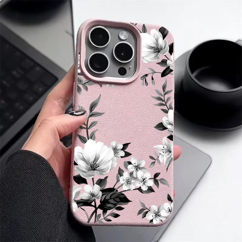 Custodia in silicone con texture in pelle di lusso con motivo fiori bianchi per IPhone 16 Pro Max 11 12 13 14 15 Pro Max Cover morbida per telefono Fundas