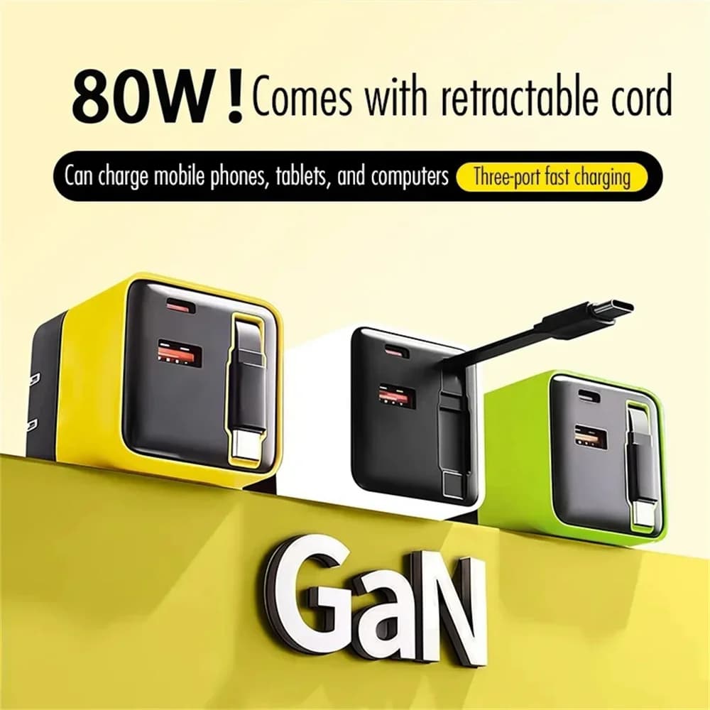Adattatore per caricabatterie super veloce GaN USB C da 80 W Caricatore rapido USB PD con cavo retrattile per iPhone 17 Xiaomi Huawei Samsung EU/US/UK