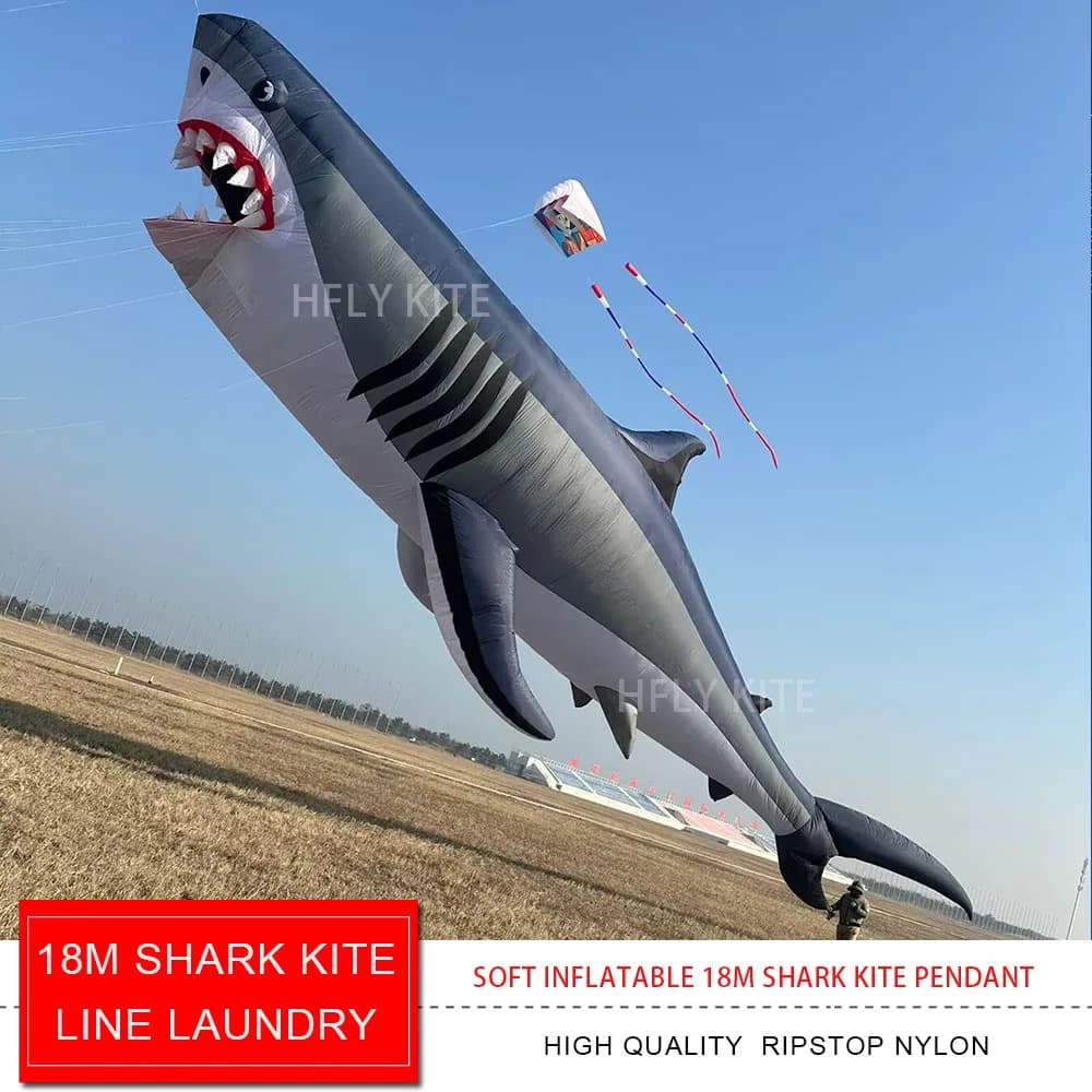 HFLY Nuovo Design Gigante 18m Shark Kite Line Lavanderia per Adulti di Alta Qualità Ripstop Nylon Morbido Gonfiabile Animale Spettacolo Aquilone Ciondolo