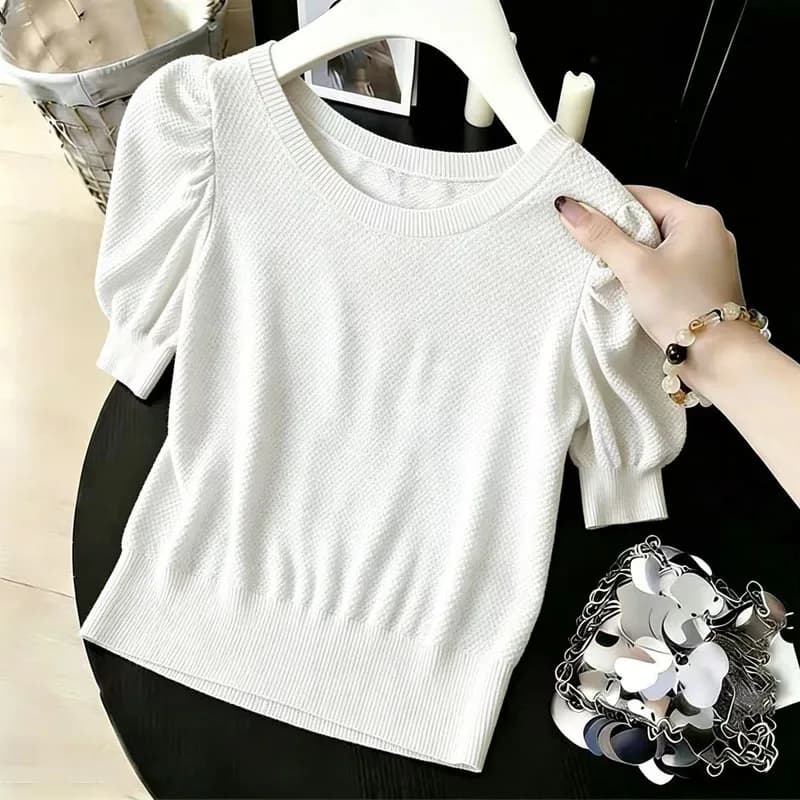 Knitted Sweater Women Pullovers New Summer Short Sleeve Sweaters White O-Neck Knit Sweater Pullover Women Tops Knitwears Q4524
