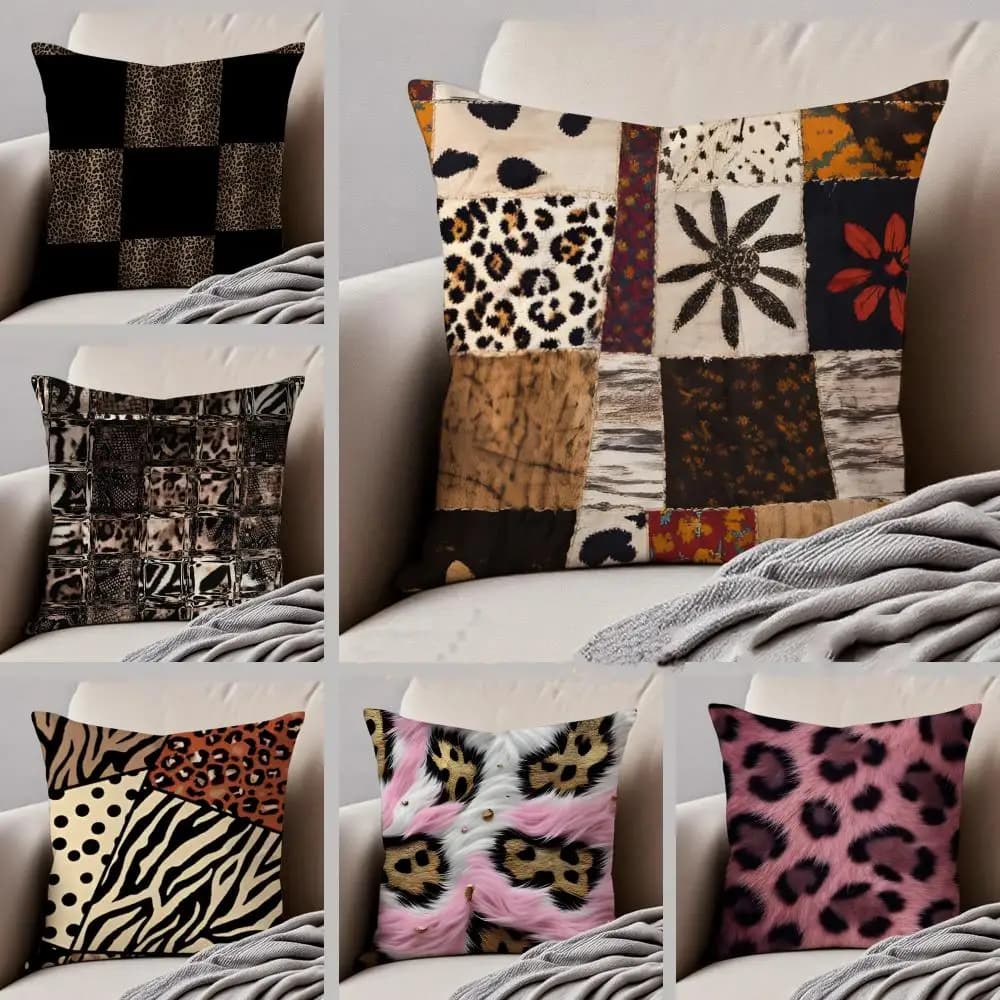 Fodera per cuscino patchwork con stampa leopardata frammentata, copricuscino decorativo con bottoni nascosti, in poliestere resistente, per sedia