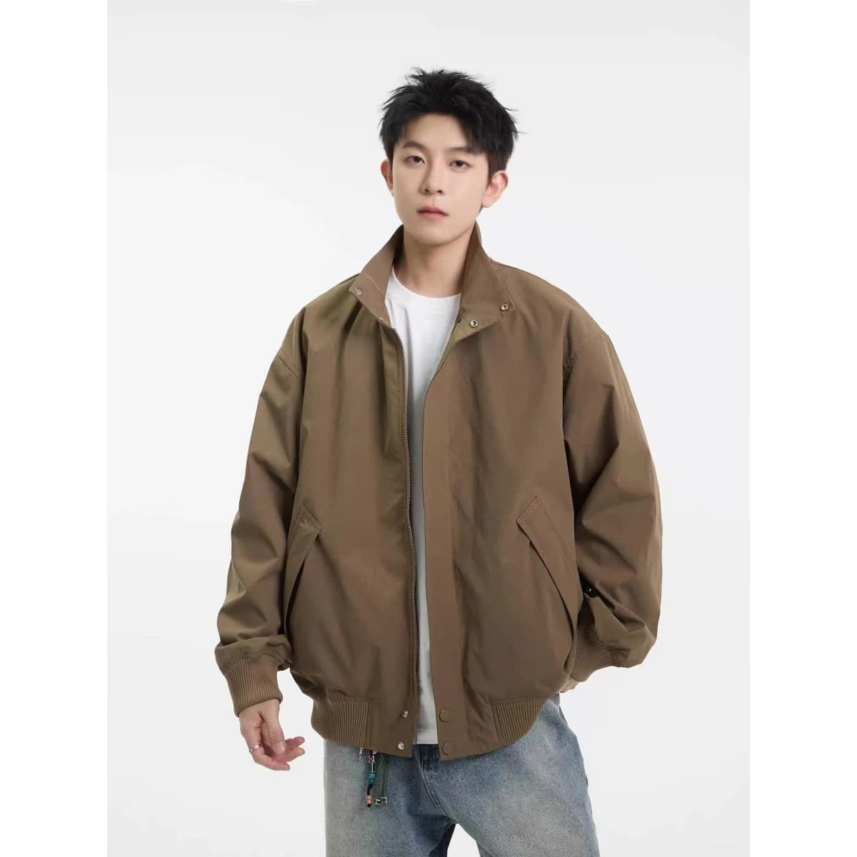 American Style Loose Fit Stand Collar Jacket Pure Color Spring Autumn Men's Clothing Couple's Outerwear Youth Trend