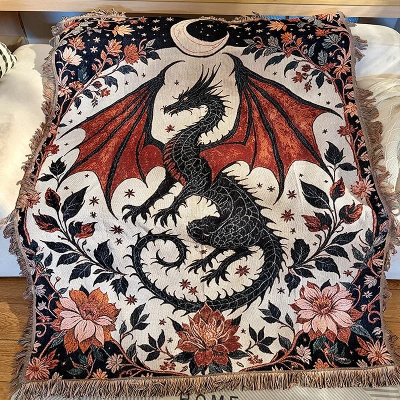 Coperta floreale multifunzionale Red Dragon Moon, copridivano per la casa, arazzo artistico da appendere alla parete, tappetino da picnic all'aperto