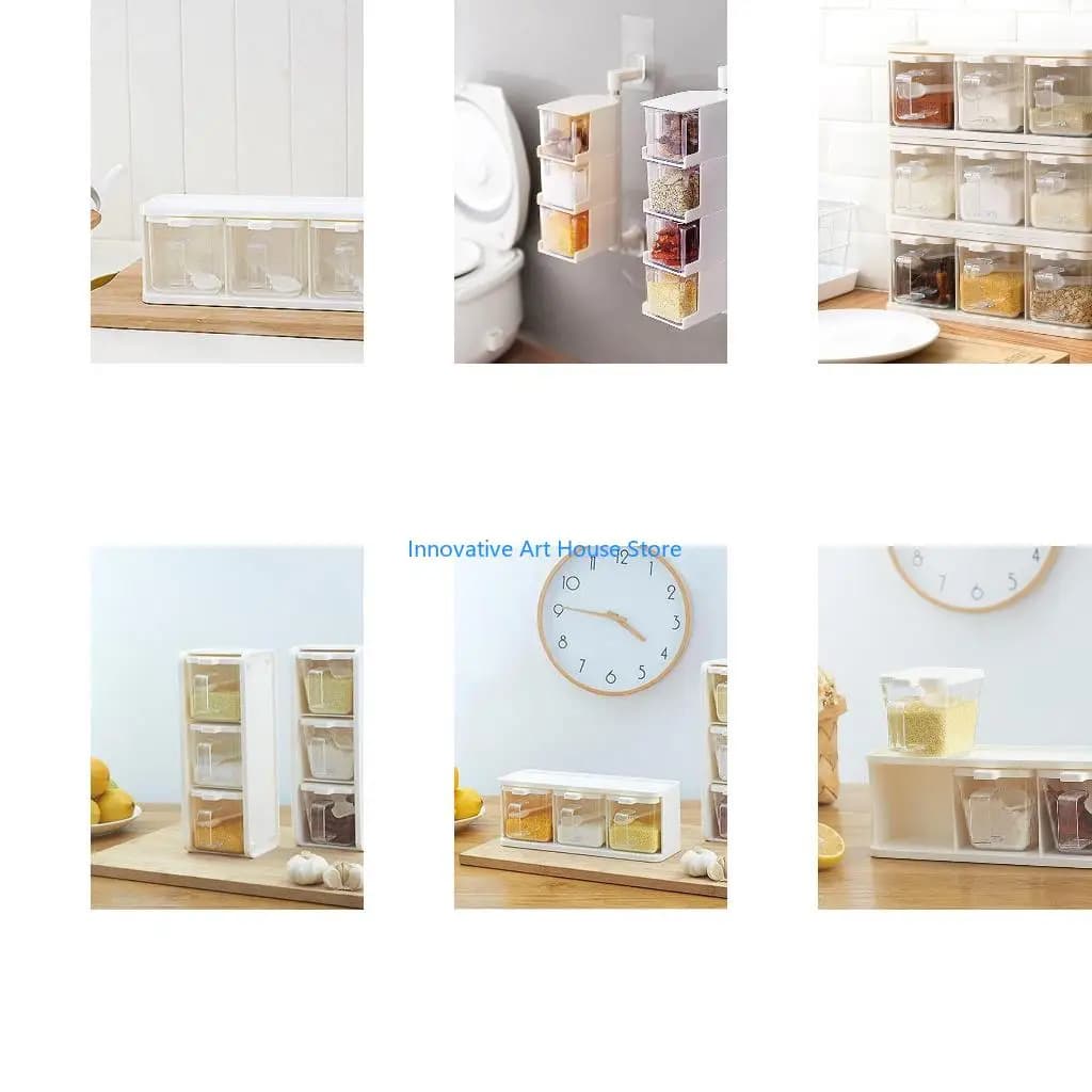 E1PC Seasoning Storage Container Rack Combo Set with 3 Spice Box & Spoon Pull Type Clear Seasoning Boxes Kitchen Container