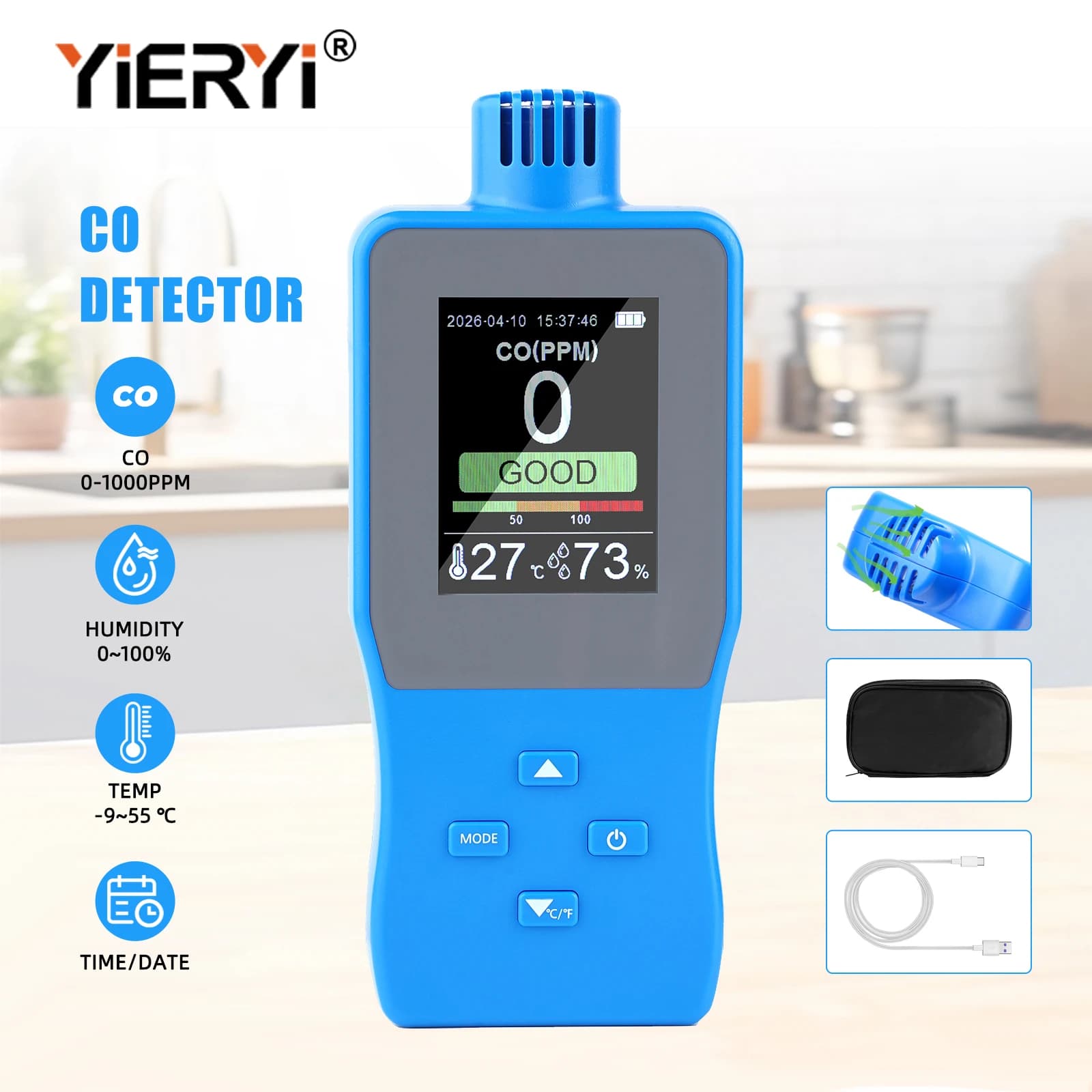 New Multi-Gas Detector Carbon Monoxide Hydrogen Sulfide Combustible Gas Monitor With With Alarm Temperature Humidity Time Date