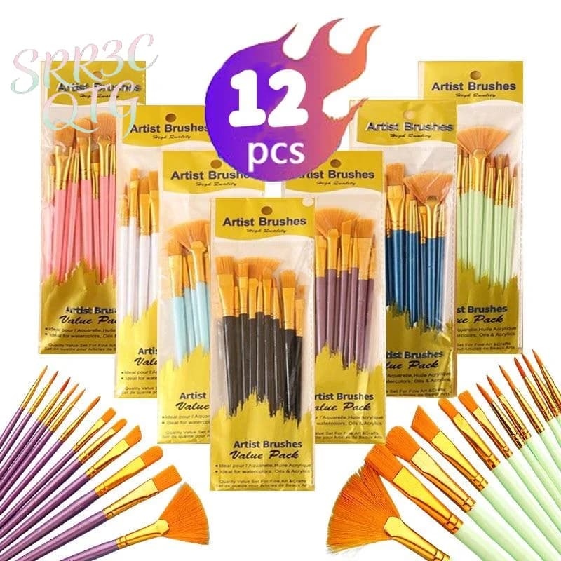 Hot 12Pcs Nylon Bristle Brush Set Flat Brushes Watercolor Oil Paint For Artists Amateur And Acrylic Paintings Fabric Brushes