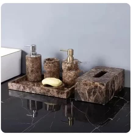 Set da Bagno in Marmo Naturale Emperador Dark Marrone, Portaspazzolino di Lusso, Portasapone, Dispenser Sapone, Accessori Bagno