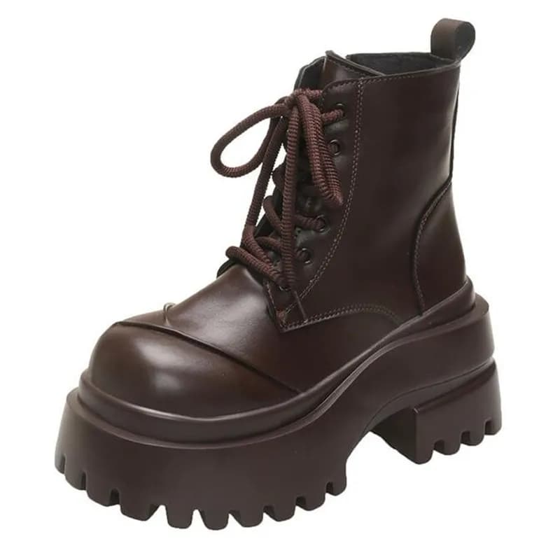 Stivali alti da donna di marca con plateau Scarpe punk in pelle gotica Stivali da combattimento corti alla caviglia femminili Stivali da moto robusti con zeppa da 9 cm