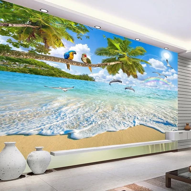 Customized wallpaper Wallpapers on canvas waterproof Mediterranean landscape painting Dolphin parrot Beach Blue Sky Living Room Decor
