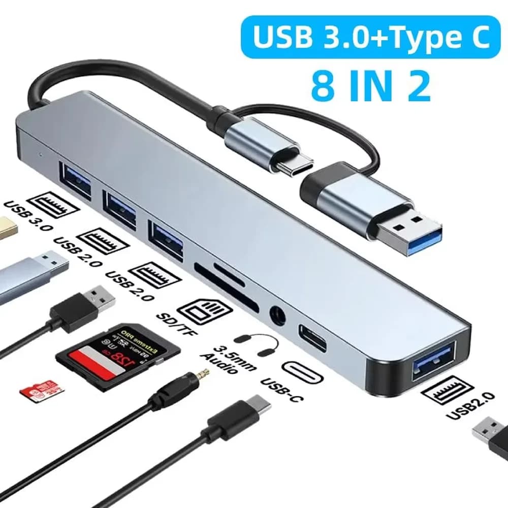 Hub USB 3.0 a 8 porte, docking station di tipo C, trasmissione ad alta velocità 5 Gbps, adattatore OTG, splitter, concentratore, lettore di schede TF per laptop e PC