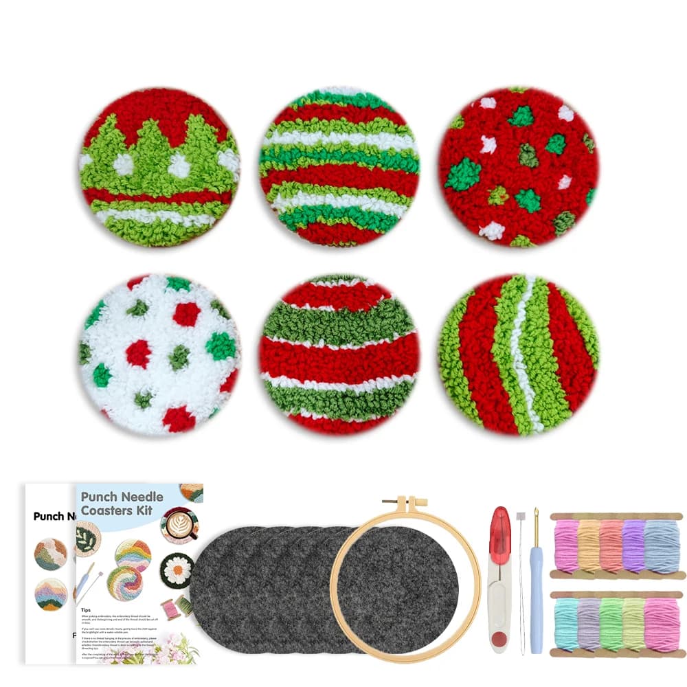 GATYZTORY DIY Punch Needle Coasters Kit 6pcs Christmas Pattern DIY Punch Needle Embroidery Set Handmade Coaster Art Unique Gift