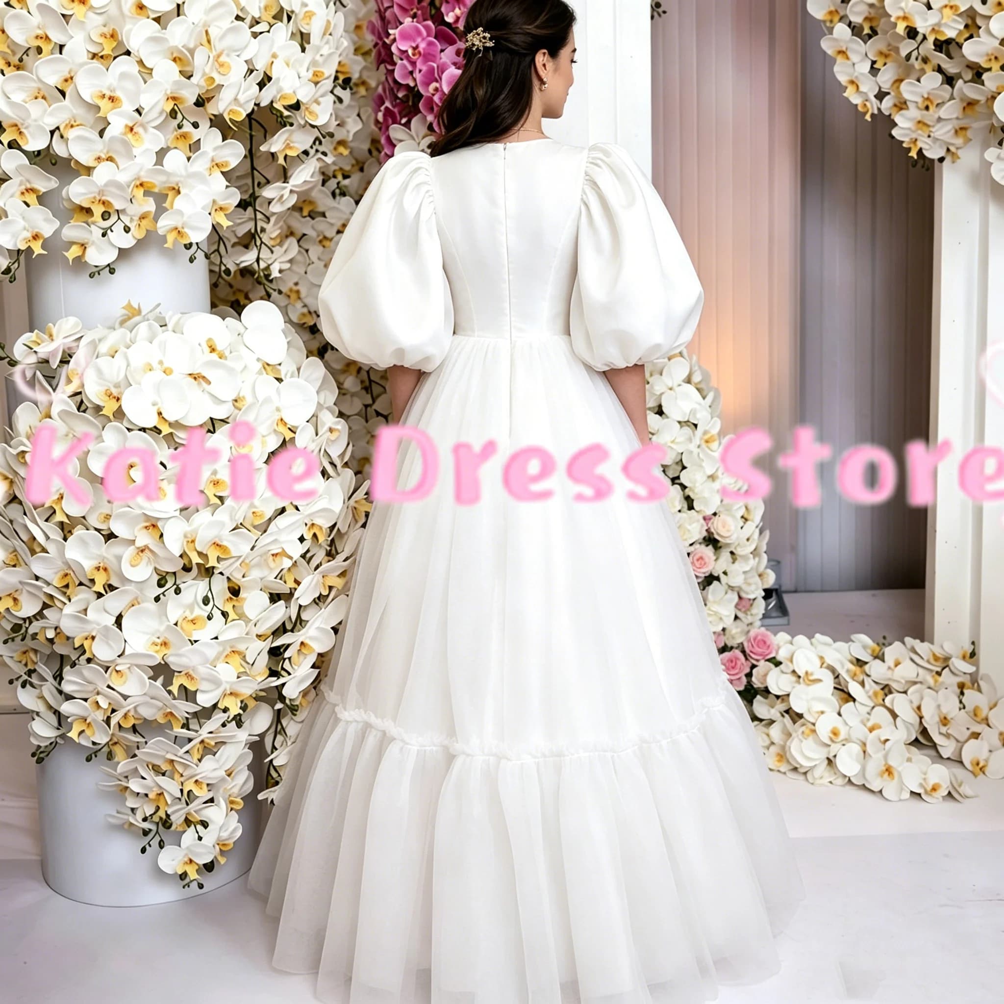 Customized Elegant Flower Girl Dress Half Sleeve Puffy Floor Length For Wedding Kids Birthday Party First Communion Ball Gowns