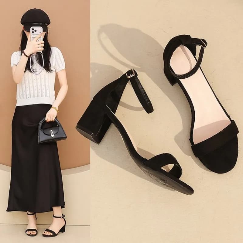 2026 Summer Women's Black Classic Style Mid-Heel Slip-On Sandals - Ankle Strapped Design - Party Shoes - Business Shoes