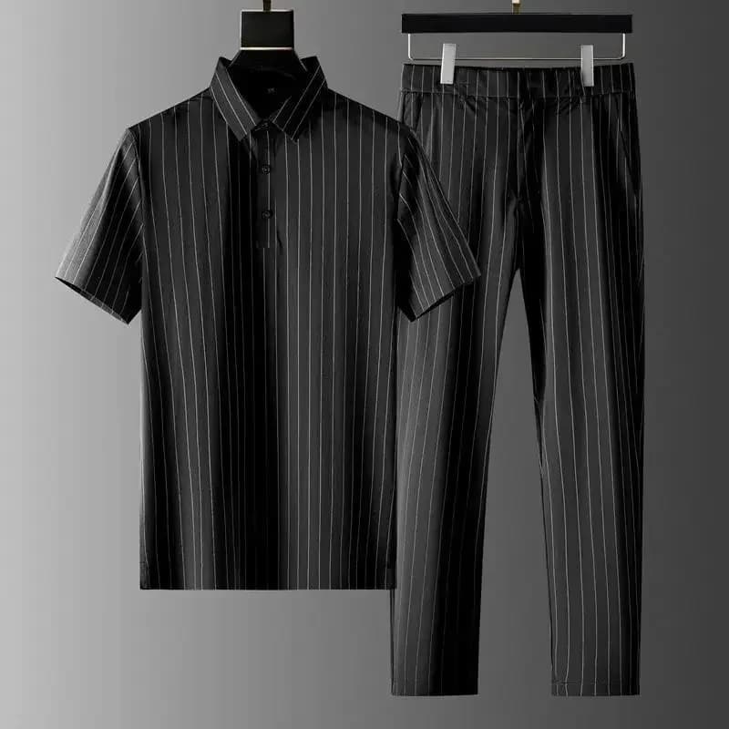 Men's Summer Striped Two‑Piece Outfit, Lightweight Slim‑Fit Polo Shirt & Dress Pants Smart‑Casual Set For Office Daily Wear