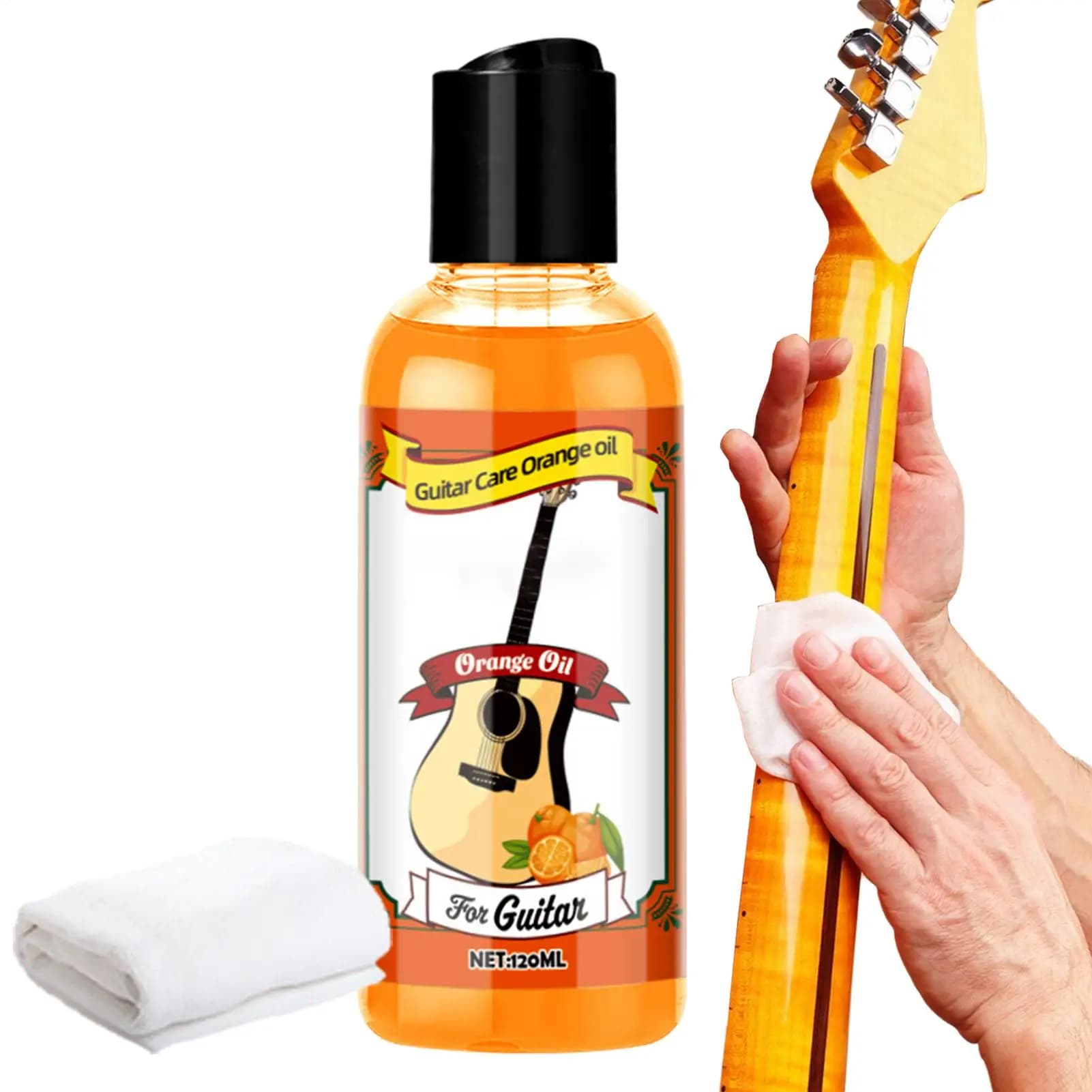 Olio lucidante multiuso da 120 ml con panno per la pulizia per chitarra, ukulele, violino, corde, pulizia e manutenzione della tastiera