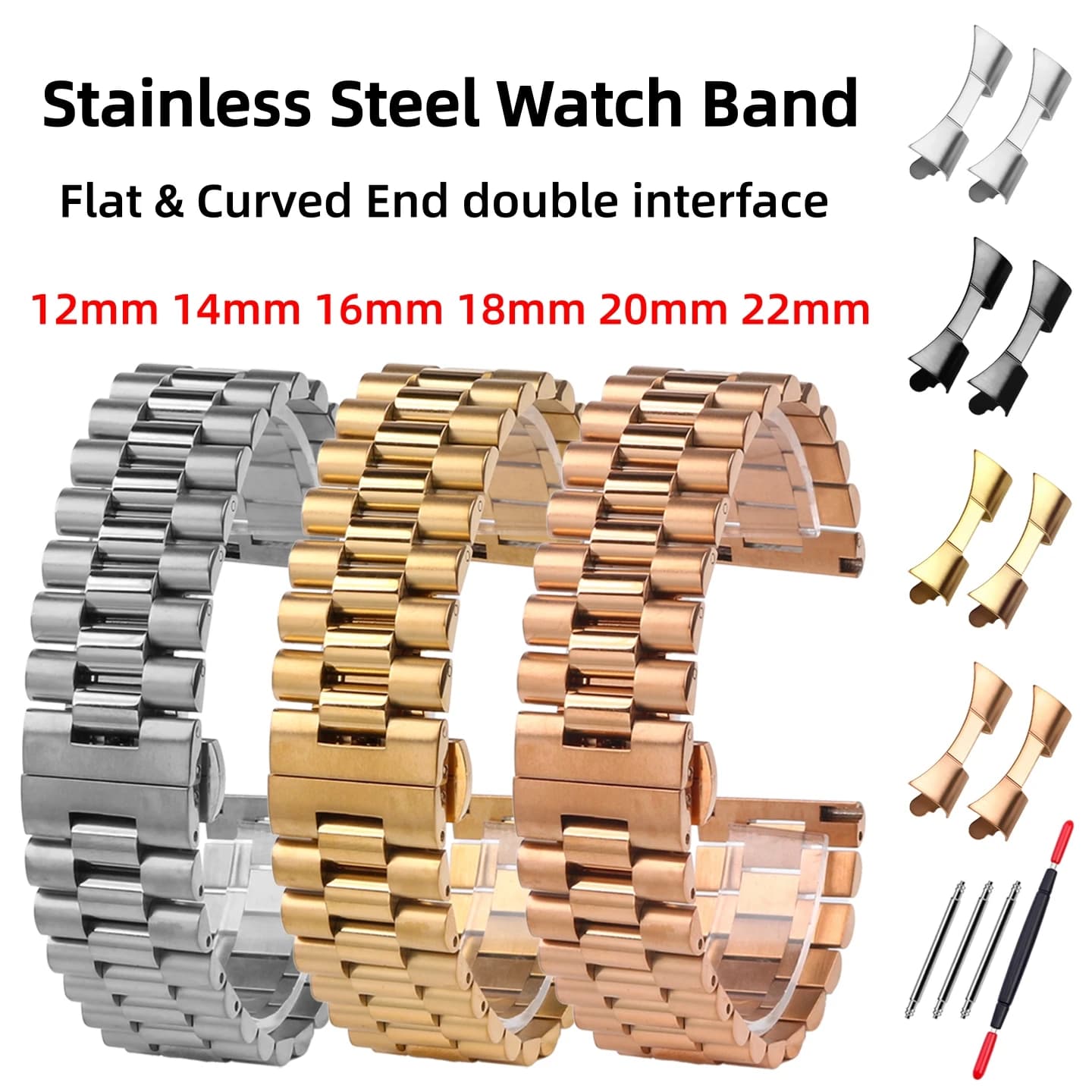 Stainless Steel Watch Strap 12/14/16/18/20/22mm Flat Curved End Replace Band Fit For Seiko Casio Tissot Citizen Omega Men Women