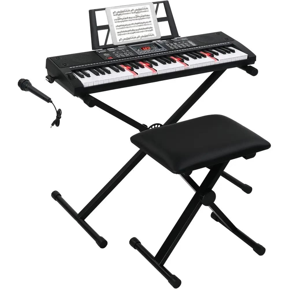 61 Key Full Size Portable Electric Piano Keyboard Set For Kids Beginners Christmas Gift With Stand Bench Music Rest Mic Headphones Power Supply
