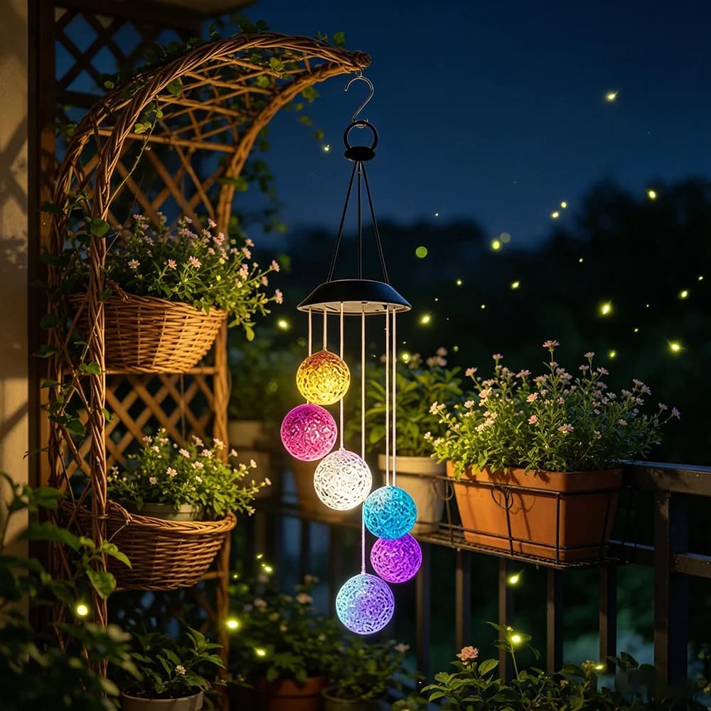 Solar Wind Chime Rainbow Gradient Particle Ball Courtyard Hanging Light, Suitable for Garden Balcony Camping, Festival Parties