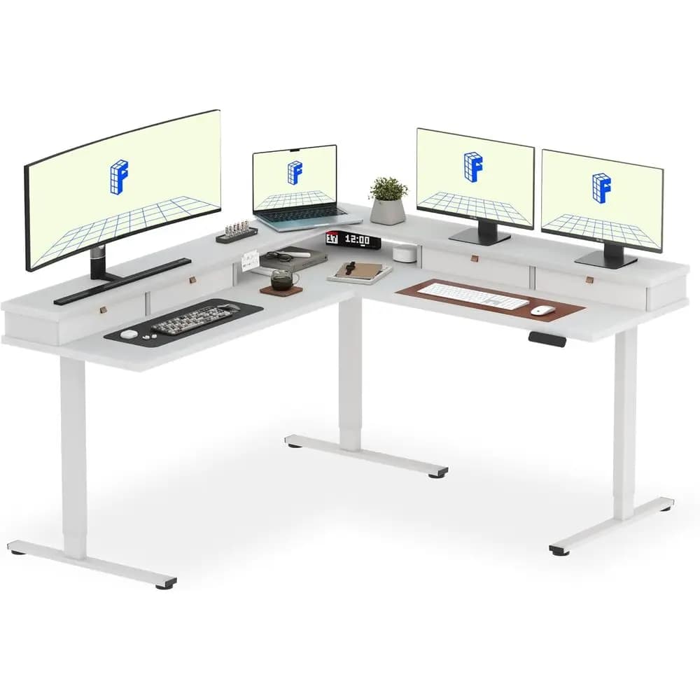 Scrivania Elettrica a L con 4 Cassetti, Postazione di Lavoro Regolabile per Home Office, Gaming, Studio - Bianca