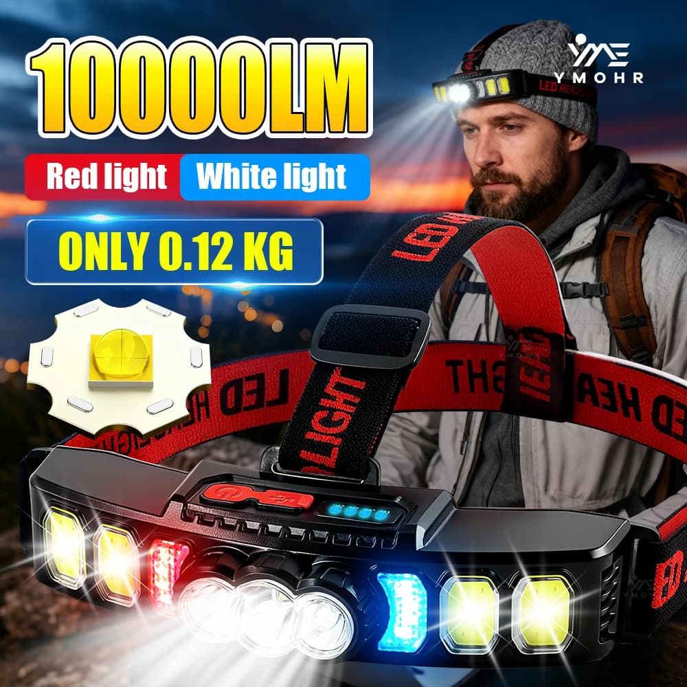 Lampada Frontale LED 10000LM, Torcia ad Alta Potenza per Campeggio e Pesca, Impermeabile, Ricaricabile USB, con 2 Batterie 18650