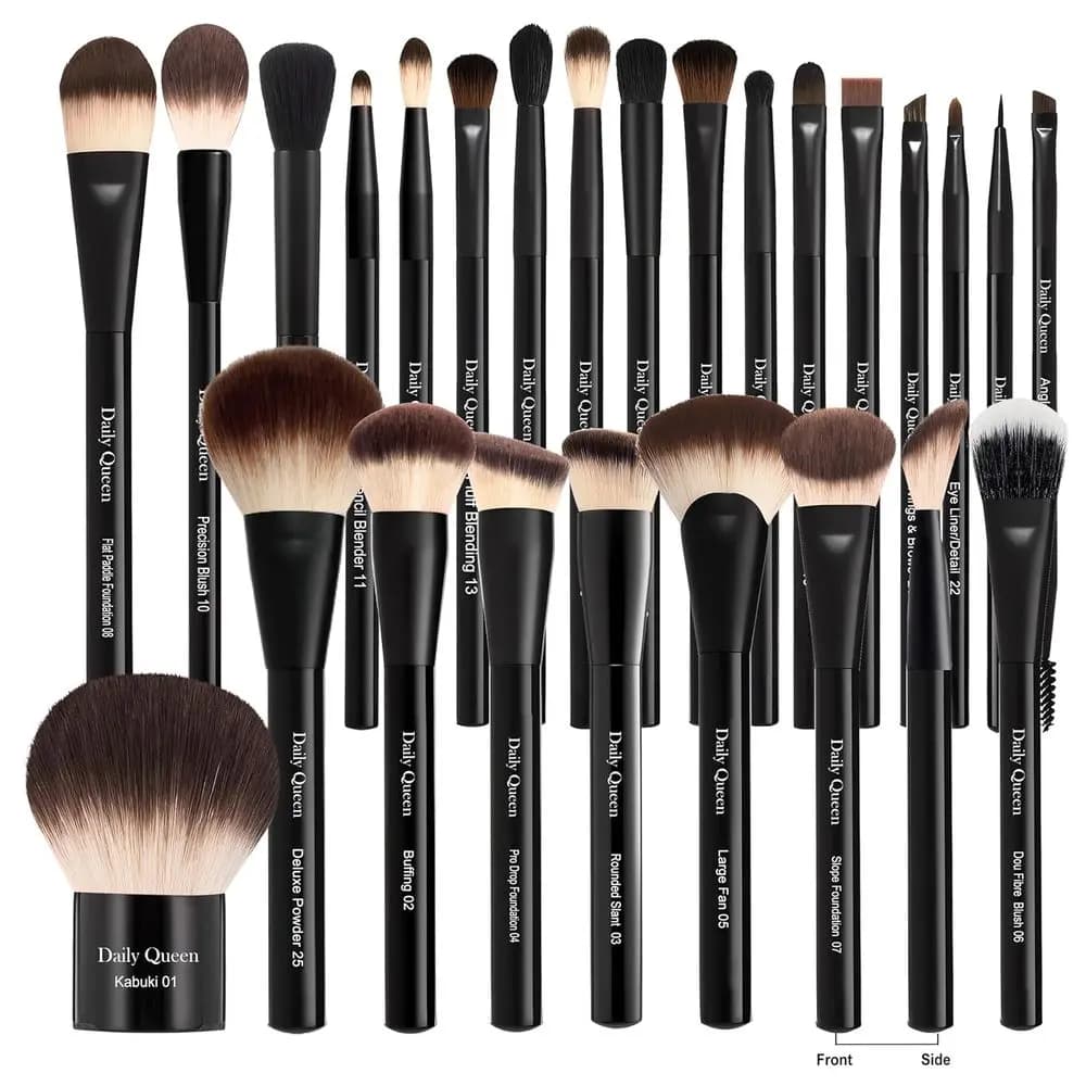 Set di 25 Pennelli da Trucco Professionali Neri con Supporto, per Polvere, Correttore, Occhi, Blush, Eyeliner, Sopracciglia e Contouring