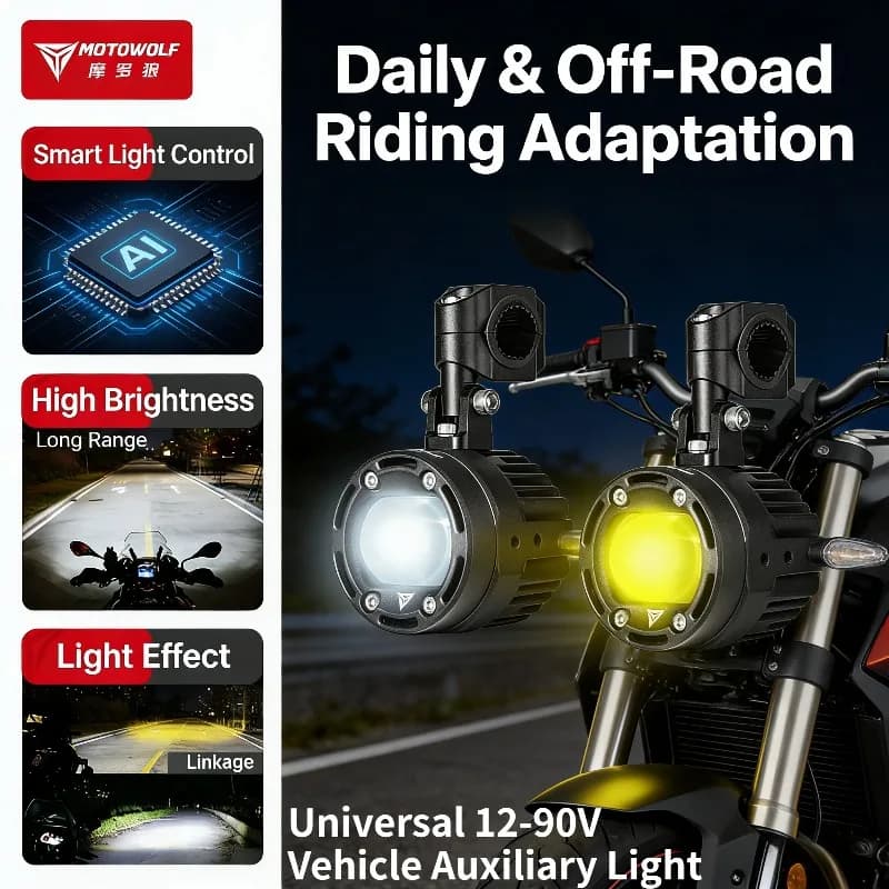 Faro LED Universale per Moto MOTOWOLF, Luce Ausiliaria Stroboscopica, Faro Antinebbia, Accessori Modificati per Scooter e ATV