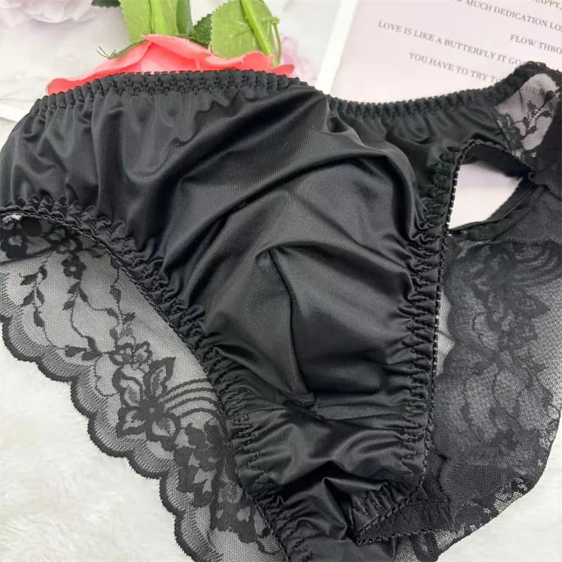 Mutande di pizzo nero da uomo Slip di pizzo Regali BF Spettacolo dal vivo Costumi di danza Festa privata FKK LGBQT Harajuku
