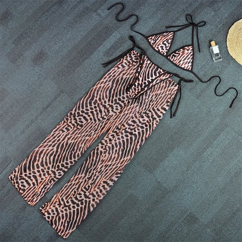 Costume da bagno leopardato a fascia con stampa sexy, set bikini 3 pezzi da donna, costume da bagno senza schienale per ragazze