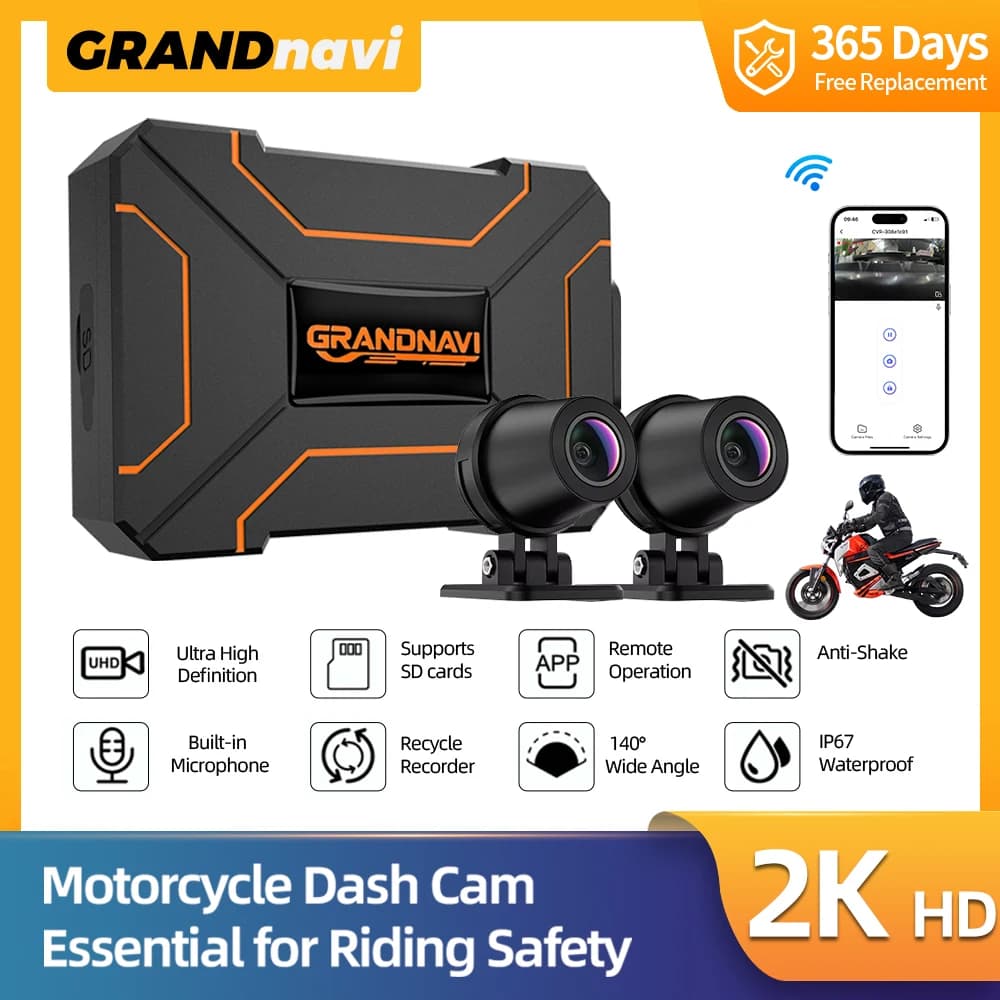 DVR Doppio per Moto 1080P 2K, Telecamera d'Azione Anteriore e Posteriore, Impermeabile, Dash Cam per Moto con Visione Notturna e WiFi
