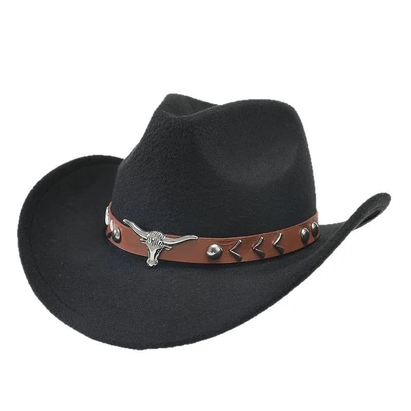 New Western Cowboy Hats Woolen Felt Men's And Woman's Tidal Current Fashionable And Versatile Curved Brimmed Bull Head Jazz Caps
