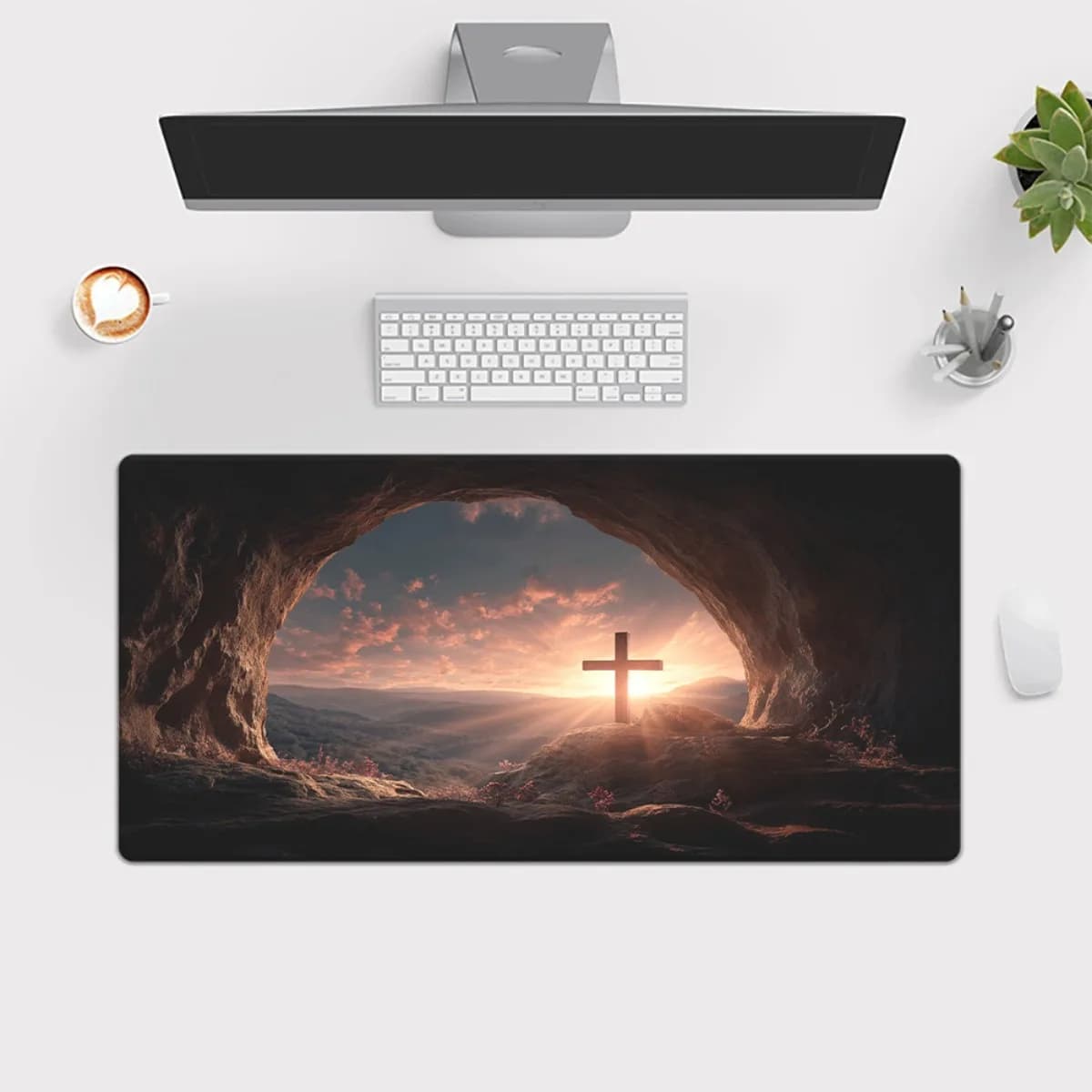 Tappetino da scrivania grande Empty Tomb Cross Sunrise, tappetino per mouse da gioco esteso con base in gomma antiscivolo