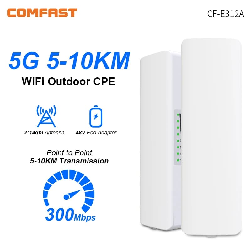 Comfast Access Point Esterno 5-10KM 300Mbps Router CPE Ripetitore WiFi 5GHz Extender Bridge con 2 Antenne WiFi da 14dBi Nanostation