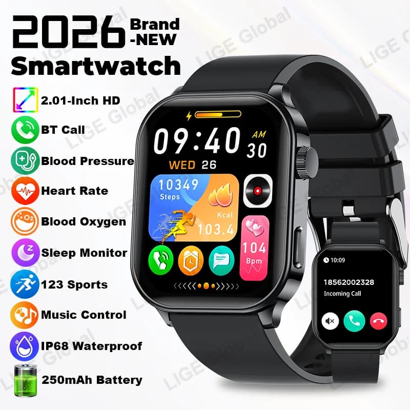 LIGE 2026 Nuovo Smartwatch da Uomo 2.01'' HD con Chiamata Bluetooth, Monitoraggio Frequenza Cardiaca e Sonno per Donne, Impermeabile IP68 per Sport