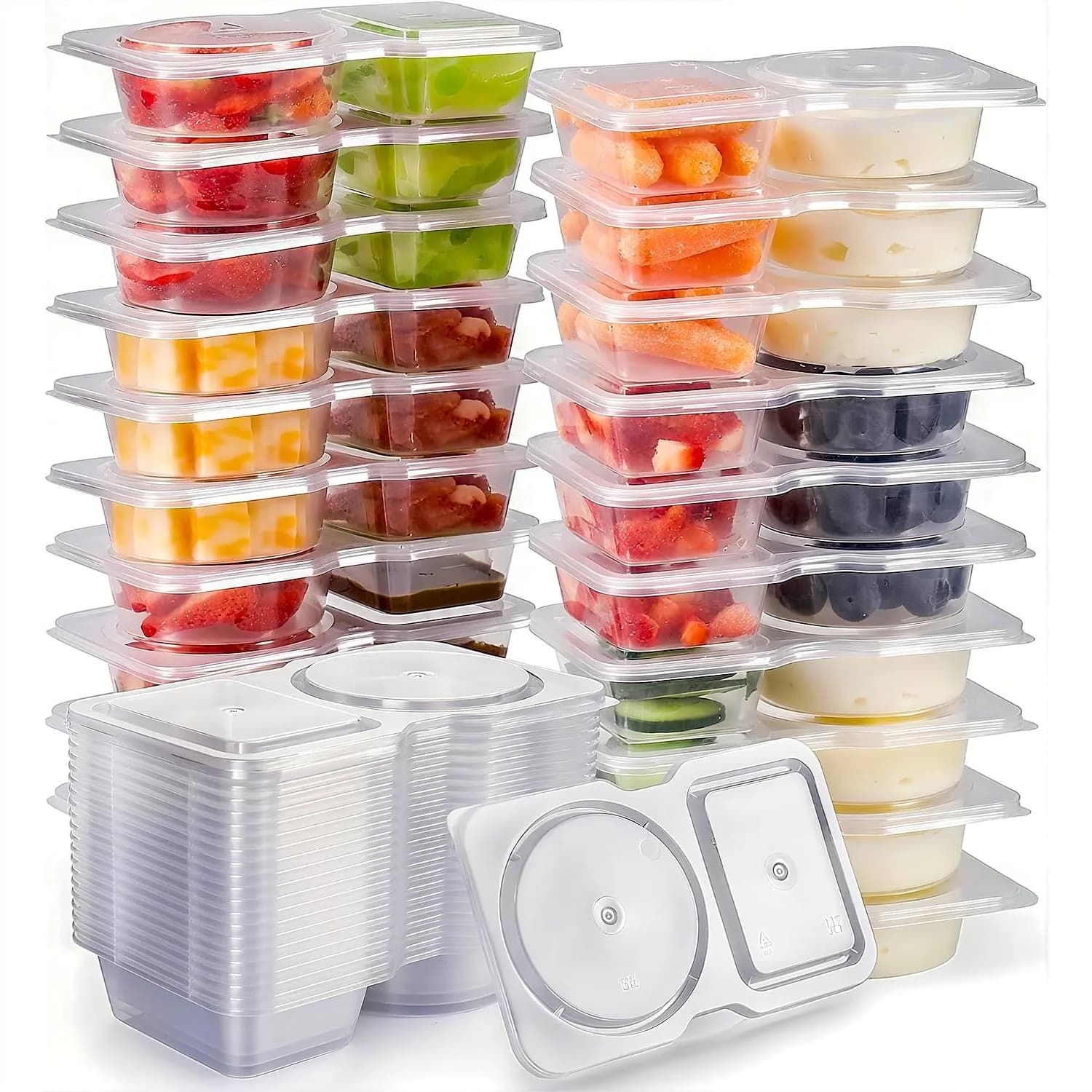 Contenitori per Snack Riutilizzabili con Coperchi, Set da 20 Contenitori a Doppio Scomparto per il Controllo delle Porzioni e la Preparazione dei Pasti, Ideali per Viaggi e Campeggio