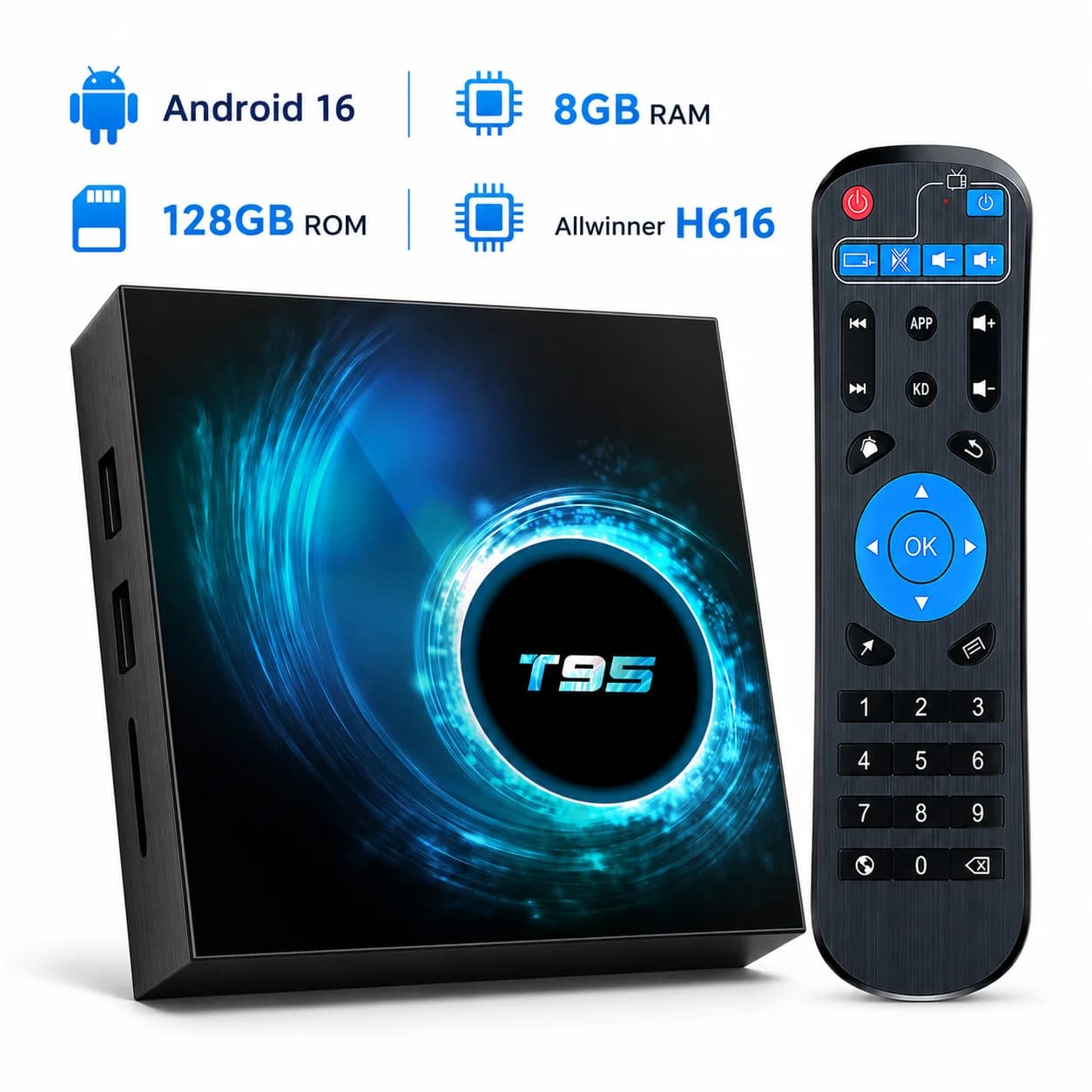 T95 Android 16 TV Box Allwinner H616 8GB RAM 128GB ROM 4K HD Smart Media Player WiFi Set Top Box Telecomando per Streaming Domestico