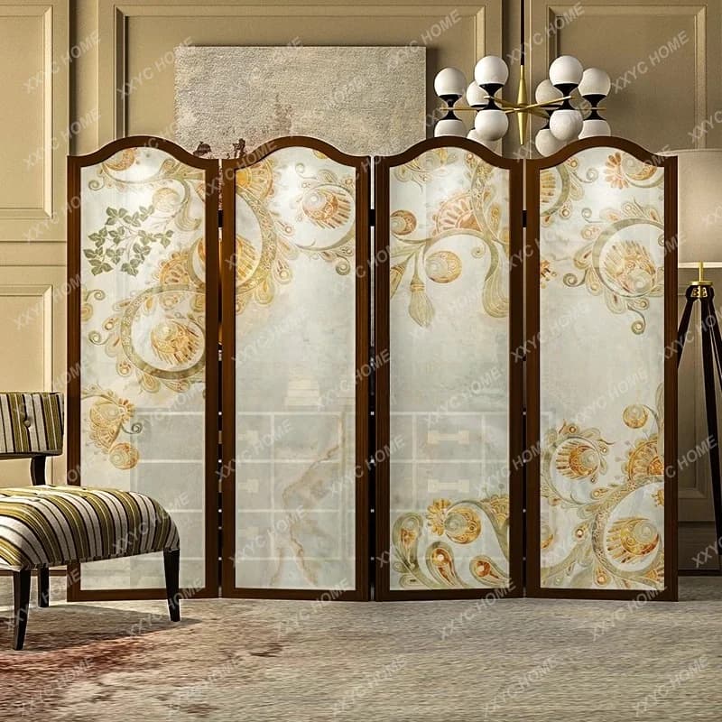 Paravento Pieghevole in Legno Massiccio per Soggiorno, Ingresso, Hall d'Hotel, Divisorio Decorativo con Motivi Floreali